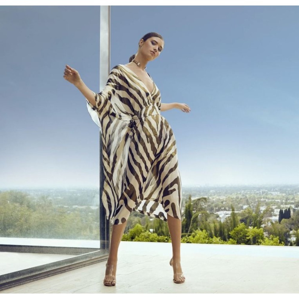 HANEY Zebra Animal Bo Silk Metallic Semi-Sheer V-Neck 3/4 Sleeve Kaftan Caftan